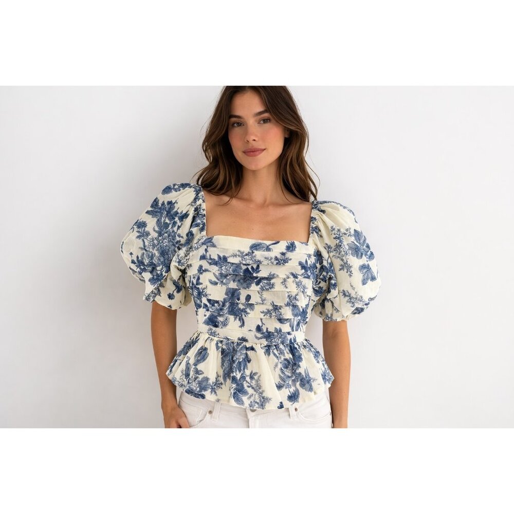 &merci Blue Floral Puff Sleeve Square Neck Peplum Blouse Sz Sm Flower